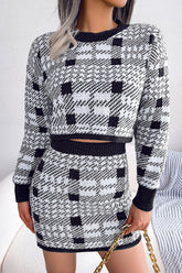 Robe courte en tricot à carreaux bicolores avec mini-jupe et robe deux pièces - Noir